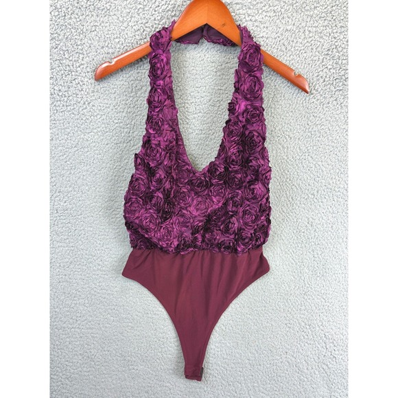 River Island Tops - River Island Rosette Halter Bodysuit Womens S Purple Ruffle Plunge Party Chic